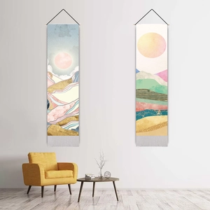 Nordic wall tapestry set with abstract mountain sun design and dark wood hanging rods