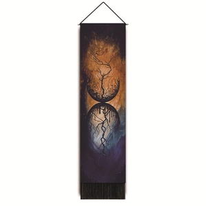 Vertical wall tapestry with artistic dark mushroom tree print and black fringe decor
