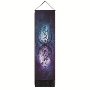Detail showing shadow trees and dark mushroom wall tapestry with fringe and black hanging rod