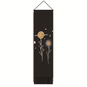 Minimalist black tapestry with planetary and floral art, includes hanging rod and tassels
