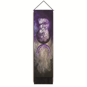 Vertical wall tapestry with dark forest prints and elegant black fringe detail