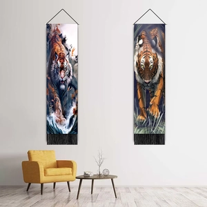 Tiger pattern wall art tapestry with black tassels for modern living room decor
