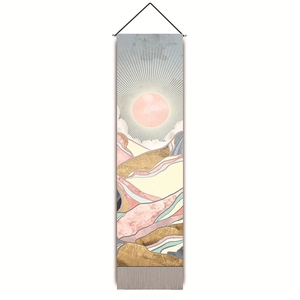 Vertical abstract landscape tapestry with pink sun and modern mountains on white background