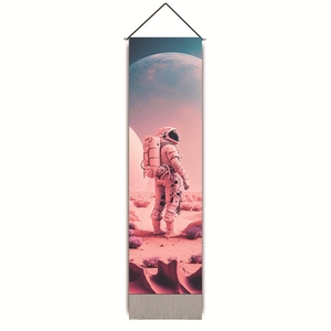 Vertical detail of pink astronaut tapestry with wooden scroll and hanging rope cord