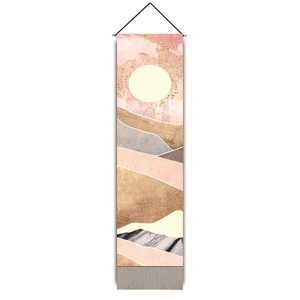 Detail of Nordic wall tapestry featuring golden mountain art and sun digital print