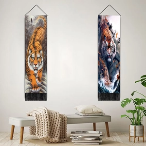 Hanging tiger tapestry wall art with black tassels and wooden frame for living room décor