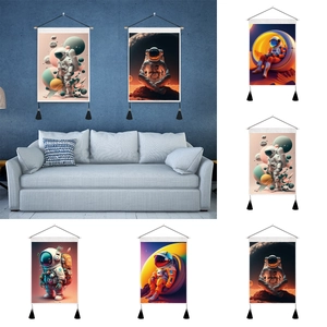 Modern Astronaut Tapestry Wall Hanging Cotton Polyester Decorative Illustration Poster With Tassels And Wooden Pole For Living Room Bedroom Art