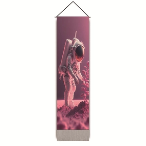 Pink astronaut wall hanging tapestry with sci-fi art scene and wooden scroll hanger