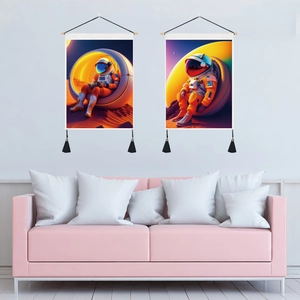 Space astronaut wall tapestry set with wooden rollers and black tassels for modern home decor
