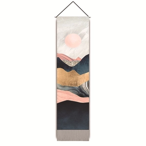 Vertical mountain tapestry with golden sun and marble textures on a sleek fiber fabric