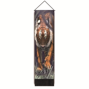 Close-up of a realistic tiger illustration tapestry with dark tassel fringe and black rod