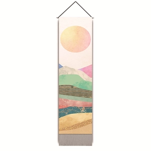 Vertical Nordic tapestry with abstract mountain landscape and red sun wall decor