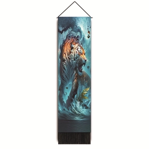 Detailed view of tiger tapestry featuring black tassels and artistic animal print