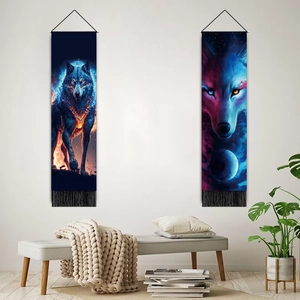 Vertical 3D wolf theme decorative wall tapestry with black tassels for living room decor