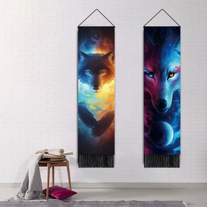 3D wolf fantasy art wall hangings with tassels on a white brick wall in a modern living room