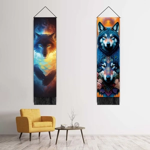 Artistic 3D wolf tapestry wall hanging with fringe for living room home decor