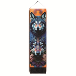 Detail showing 3D wolf art hanging tapestry with floral accents and black tassels