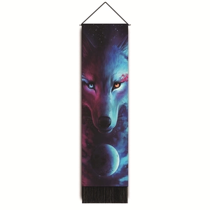 Detailed close-up of 3D wolf tapestry with vibrant celestial colors and black tassels
