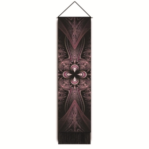 Tapisserie noire à motif fractal violet avec détails de franges longues