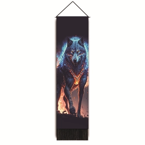 Detail of 3D fantasy wolf tapestry featuring fire and ice motifs with bottom tassels