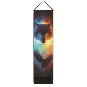 Vertical wall tapestry with artistic 3D wolf head print, black tassels and hanging rod