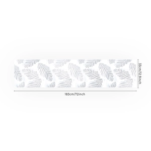 Minimalist palm leaf table runner with blue botanical pattern, size 13x72 inches