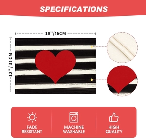 Detail of 18x12 inch striped Valentine placemat with fade resistant and washable features