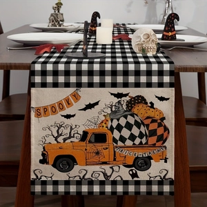 Dettaglio runner da tavola Halloween con camion di zucche e scritte a tema