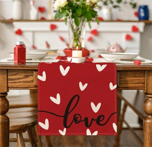 Linen Valentine's Day table runner with red hearts and Love print for home decor