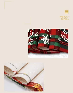 Detailed close-up of linen table runner with red plaid pattern and snowflake print