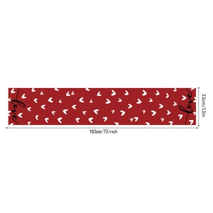Linen Valentine's Day table runner with red hearts and love script, 13x72 inches size