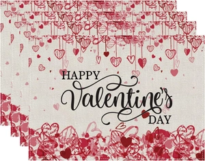 Set of 4 linen Valentine's Day placemats with red hearts and Happy Valentine's Day text