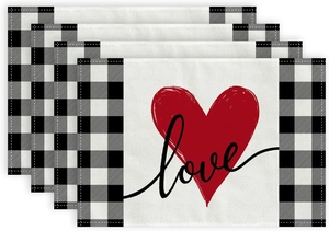 Set of 4 linen Valentine placemats with buffalo plaid and red love heart pattern