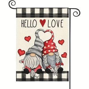 Detail of garden flag with gnomes, black metal L-bracket and Hello Love text print
