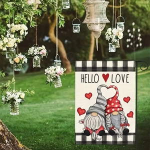 Close-up of linen Valentine's Day garden flag with gnomes and Hello Love greeting