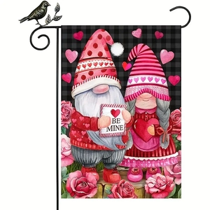 Valentine's Day garden flag with gnomes, hearts, and a bird-topped metal hook stand