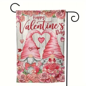 Double-sided Valentine's Day garden flag with gnomes and roses on a black metal pole