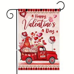 Close-up of double-sided linen Valentine's Day garden flag with gnome and red heart truck