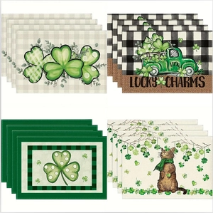 St Patrick Day Placemats Linen Shamrock Clover Gnome Truck Design Heat Resistant Festive Decorative Table Mats Dining Kitchen