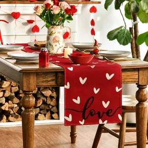 Valentine Heart Love Linen Polyester Table Runner For Romantic Dining Table Kitchen Party Wedding Decor Home Tablecloth