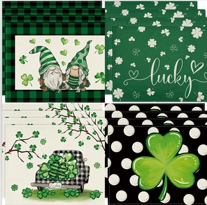 St Patrick's Day Placemat Clover Gnomes Pattern Linen Cotton Table Mat Heat Resistant Non-Slip Washable Kitchen Decor For Dining Party