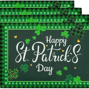 Set of 4 St. Patrick's Day placemats with green plaid borders and lucky clover patterns