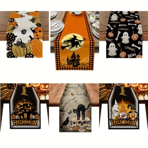 Runner da Tavola Halloween in Cotone Lino Poliestere Stampa Zucca Strega Fantasma Castello Vintage Decorazione Cucina