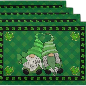 Set of 4 St. Patrick's Day placemats with gnomes and green clover patterns