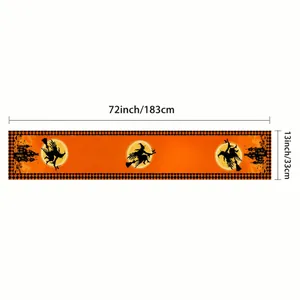 Runner da tavola Halloween 183x33 cm con sagome di streghe e motivi di zucche arancioni