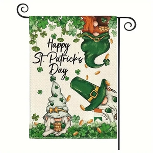 Double-sided St. Patrick's Day garden flag with gnome design and black metal stand