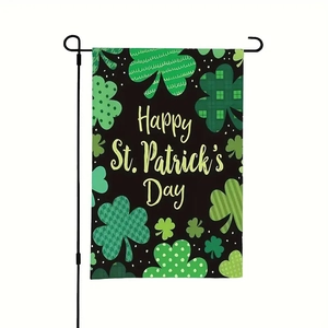 Happy St. Patrick's Day garden flag with green shamrock patterns and black metal flag stand