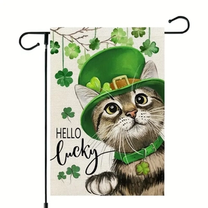 St. Patrick's Day garden flag featuring a lucky tabby cat and green clovers on burlap