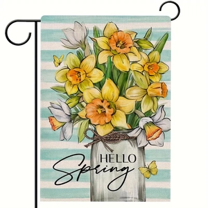 Gartenflagge aus Leinen mit Frühlingsblumen im Glas und Hello Spring Schriftzug