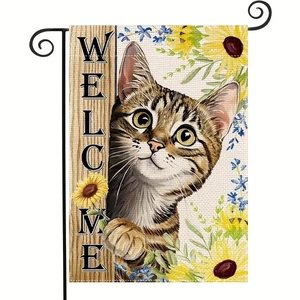 Willkommen Frühlings-Gartenfahne mit getigerter Katze und Sonnenblume auf Leinen